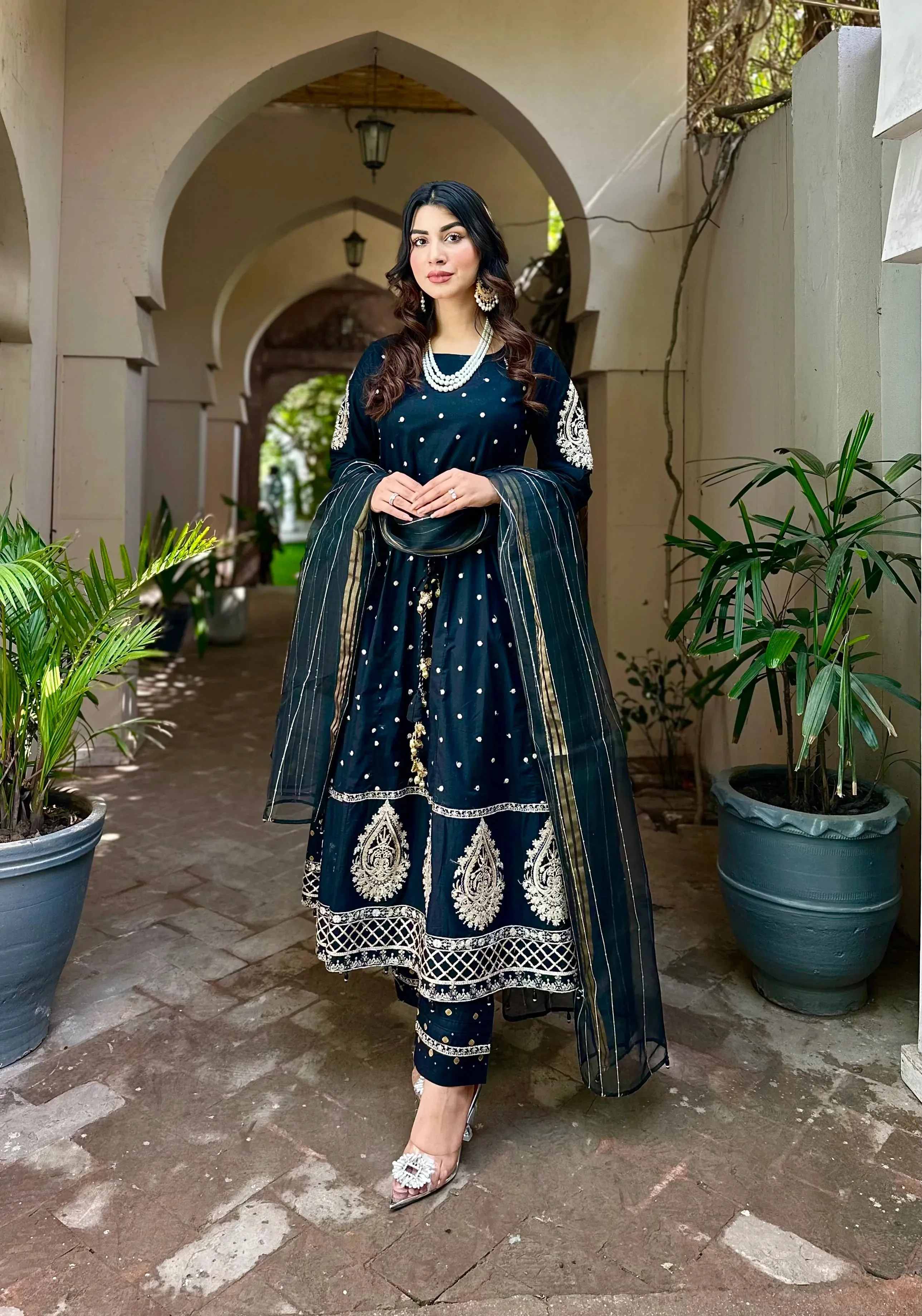 3PC COTTON EMBROIDERED LONG FROCK V19