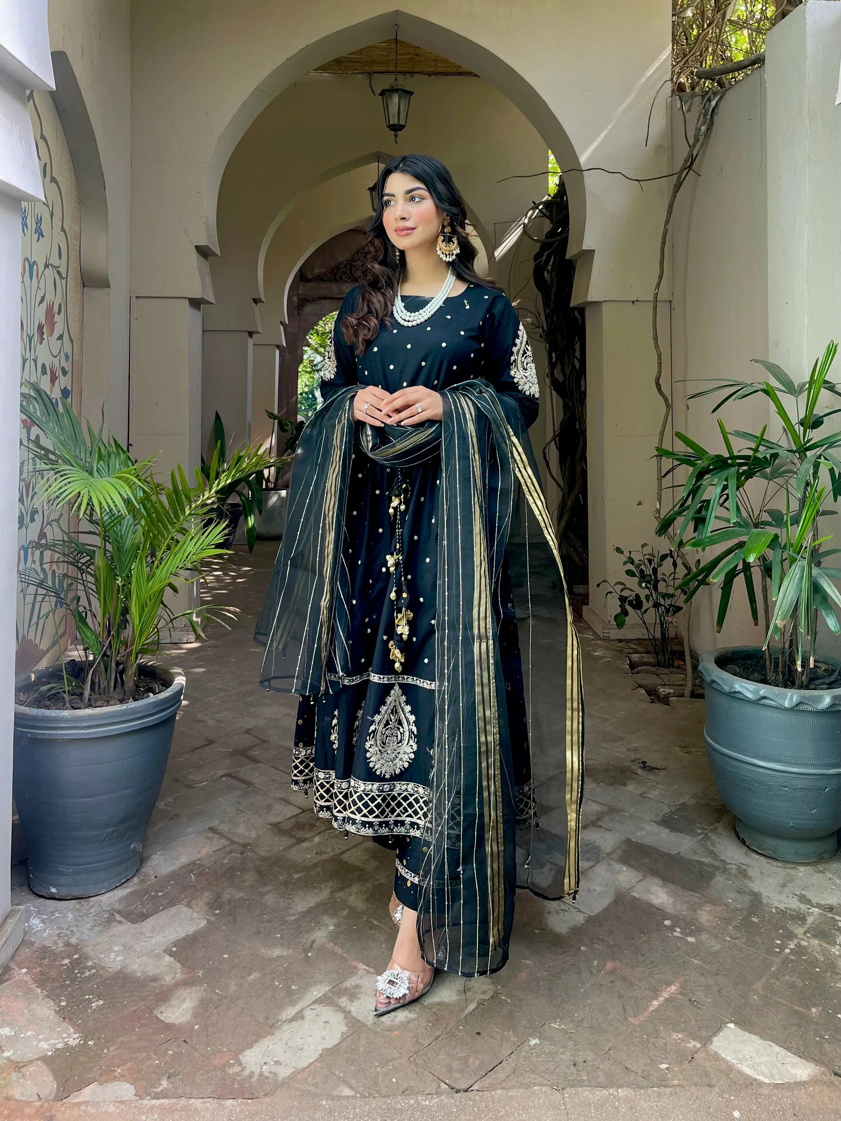 3PC COTTON EMBROIDERED LONG FROCK V19