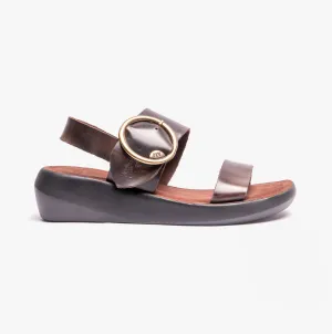 BANI739FLY Ladies Buckle Wedge Sandals Dark Brown