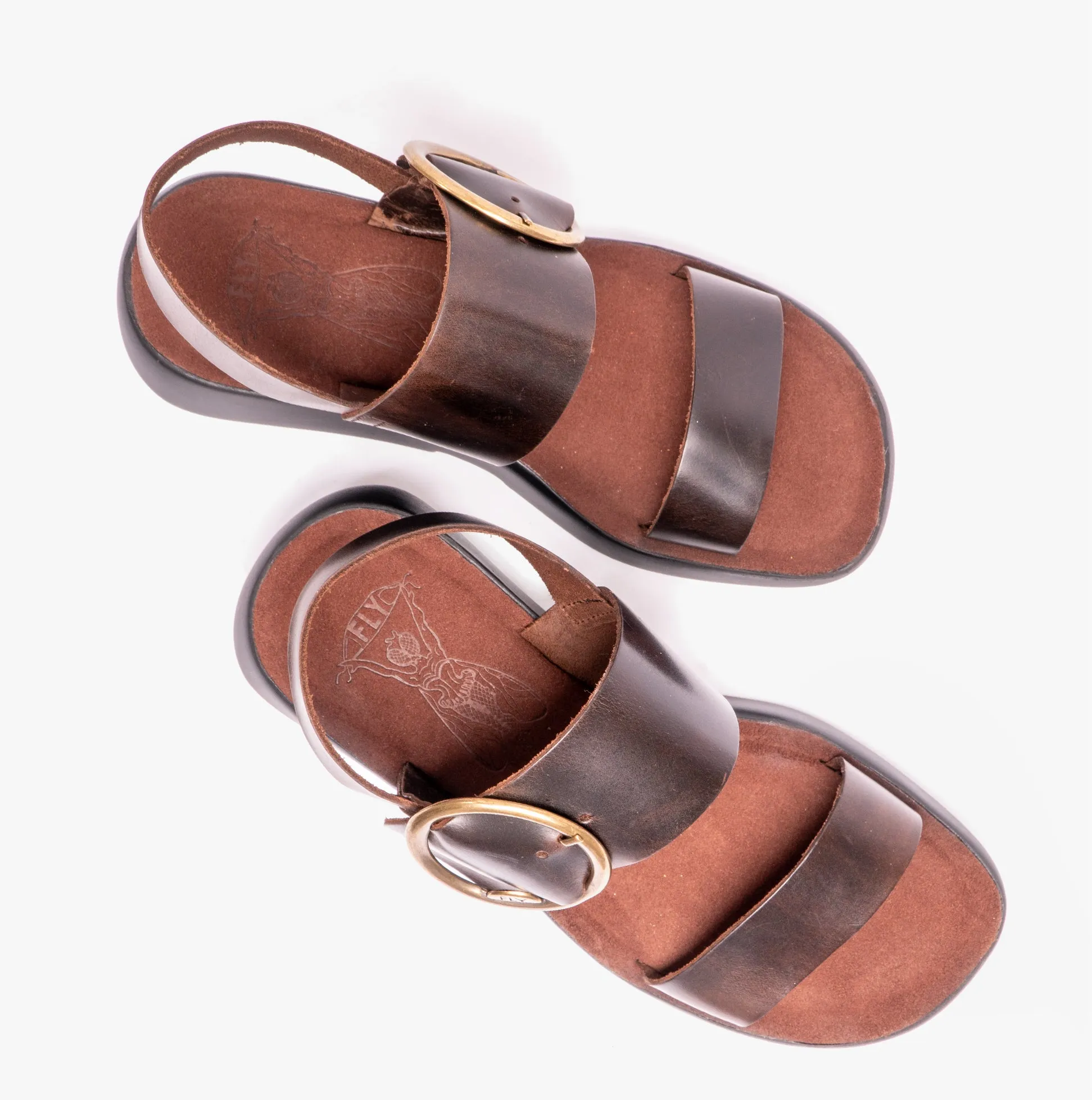 BANI739FLY Ladies Buckle Wedge Sandals Dark Brown