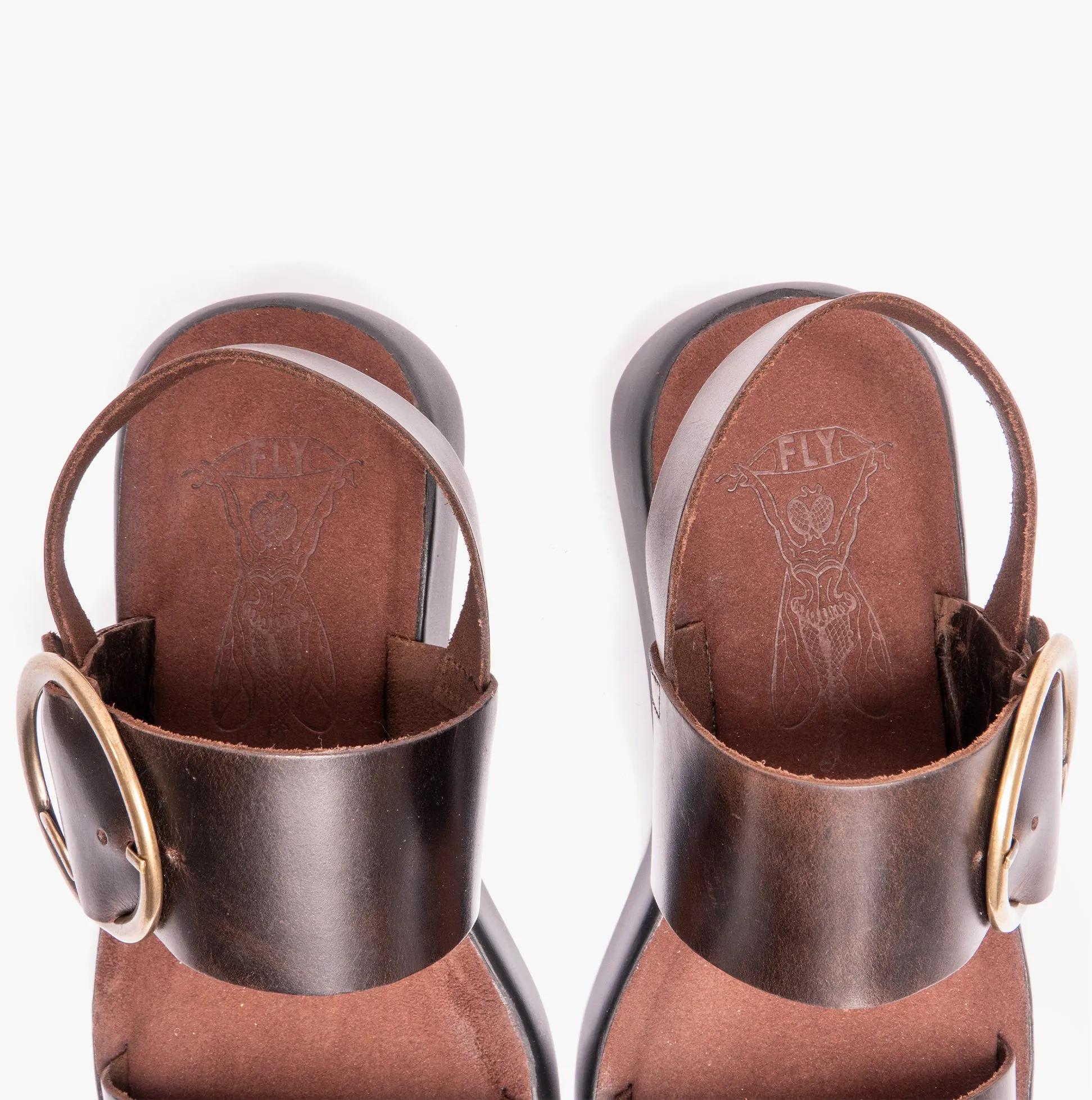 BANI739FLY Ladies Buckle Wedge Sandals Dark Brown