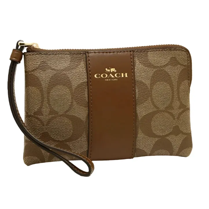 Coach Corner Zip Wristlet In Signature Canvas Khaki/Saddle