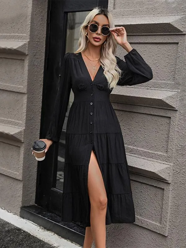 Elegant Black V-Neck Long Sleeve Dress - A Timeless Wardrobe Staple for Any Occasion