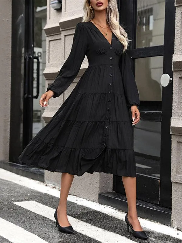 Elegant Black V-Neck Long Sleeve Dress - A Timeless Wardrobe Staple for Any Occasion