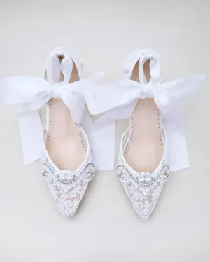 Lace Wedding Block Heel with Pearl Detail
