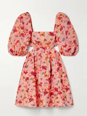 Lightburst pleated cutout floral-print linen mini dress
