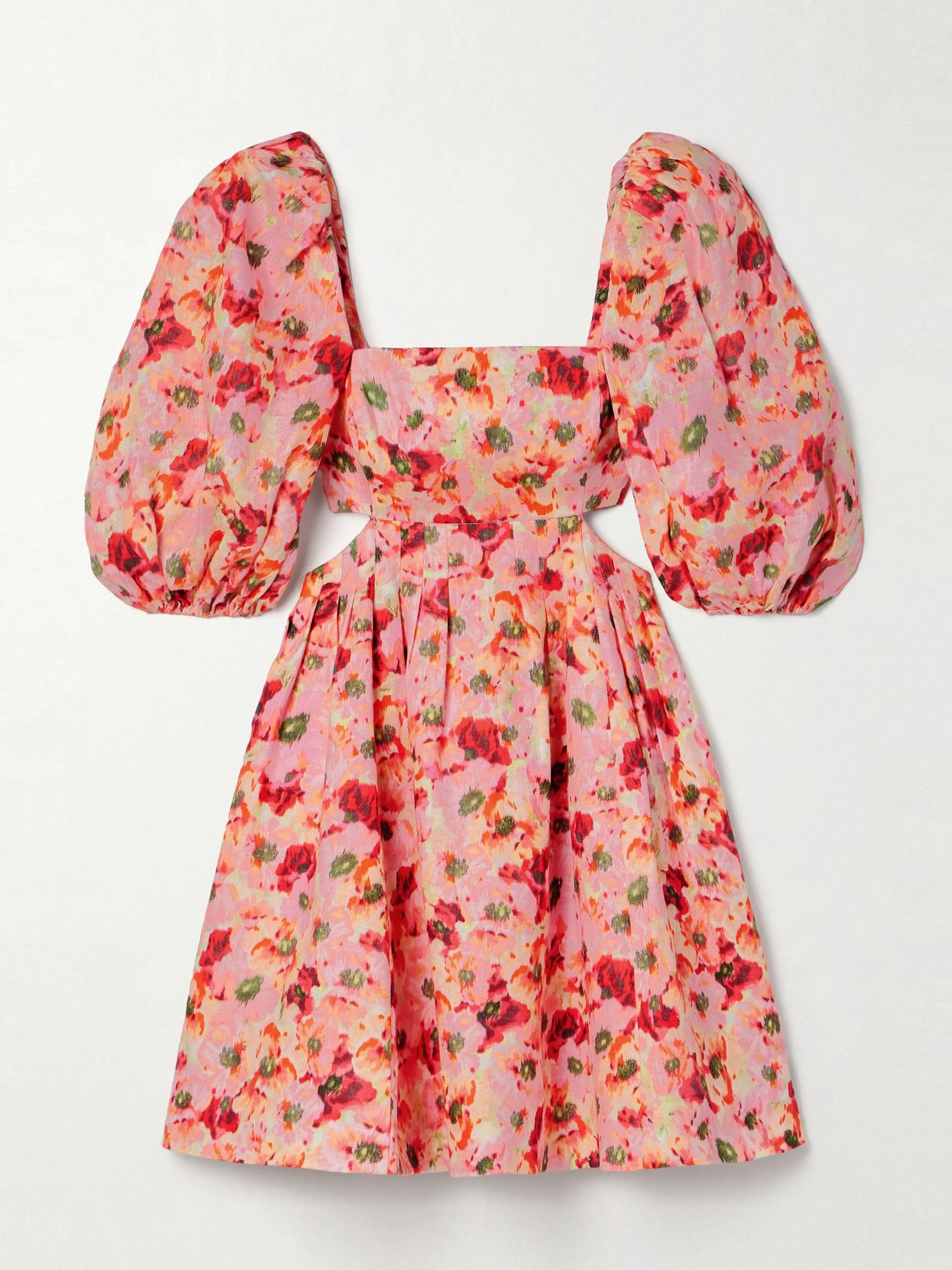 Lightburst pleated cutout floral-print linen mini dress