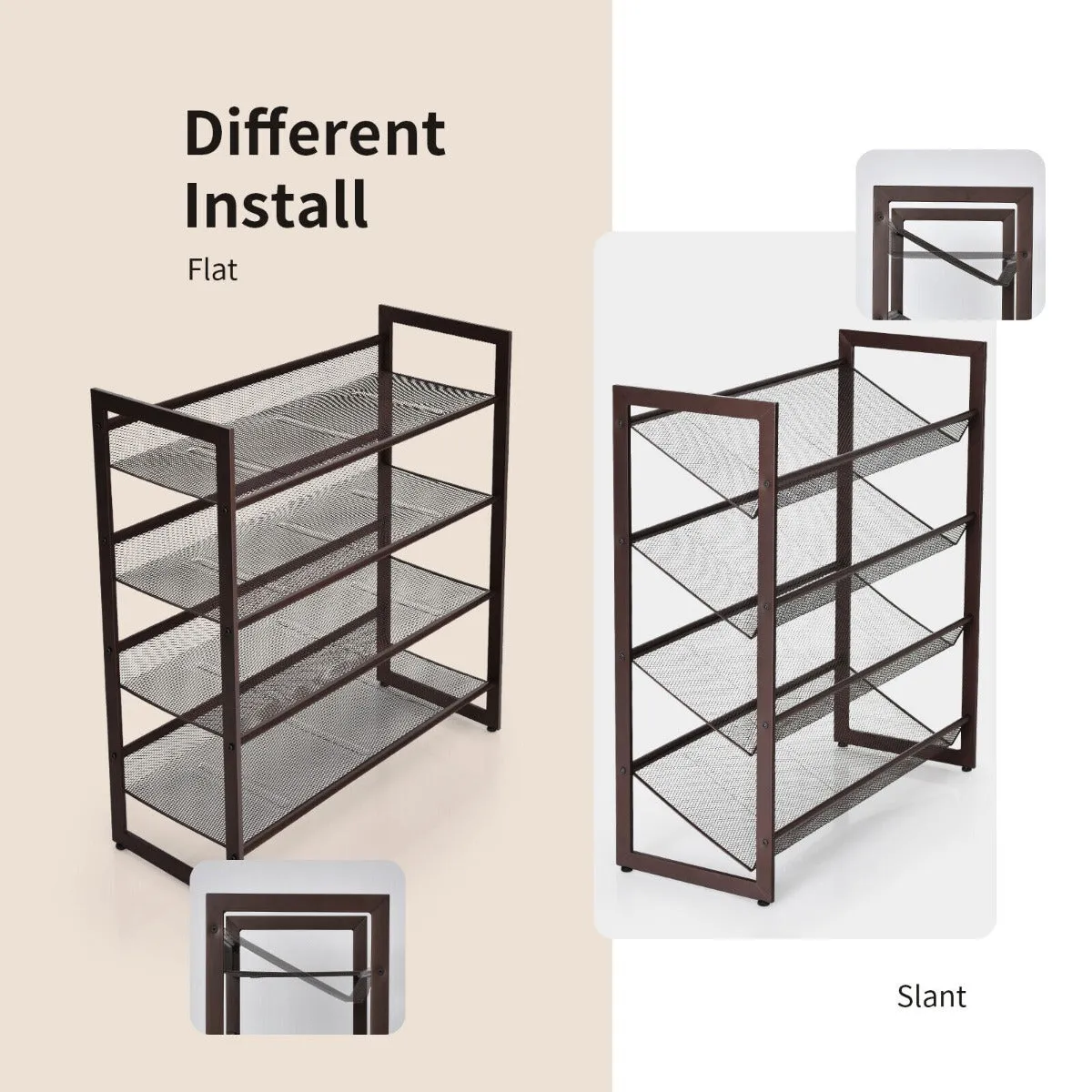 NNECW 4-Tier Iron Shoe Rack with 2 Placement Modes for Entryway