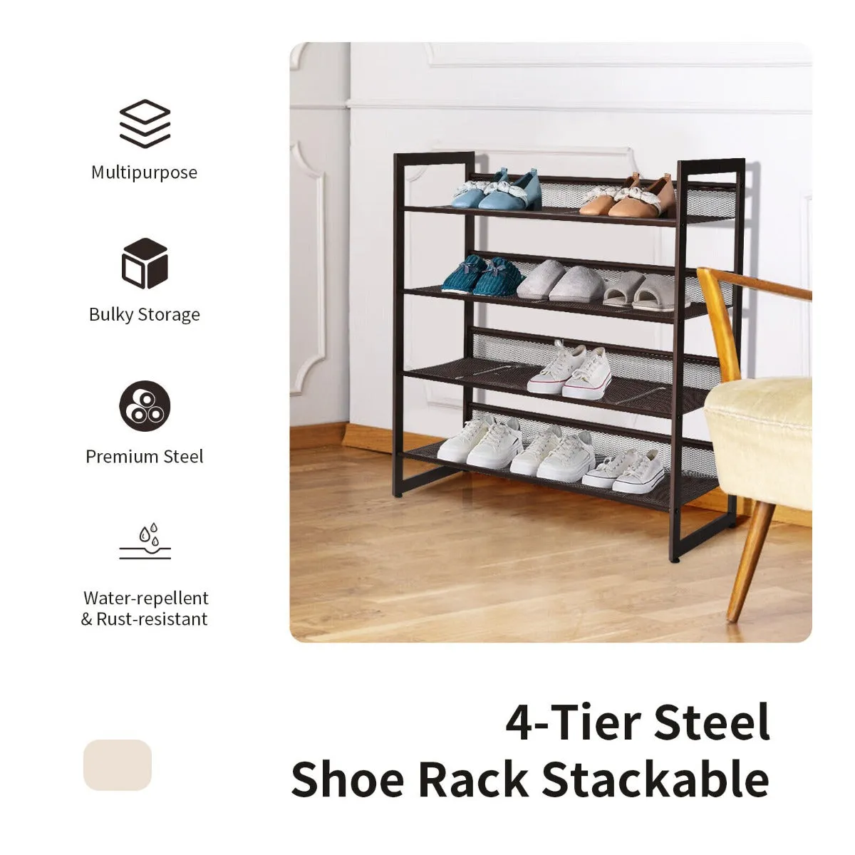 NNECW 4-Tier Iron Shoe Rack with 2 Placement Modes for Entryway