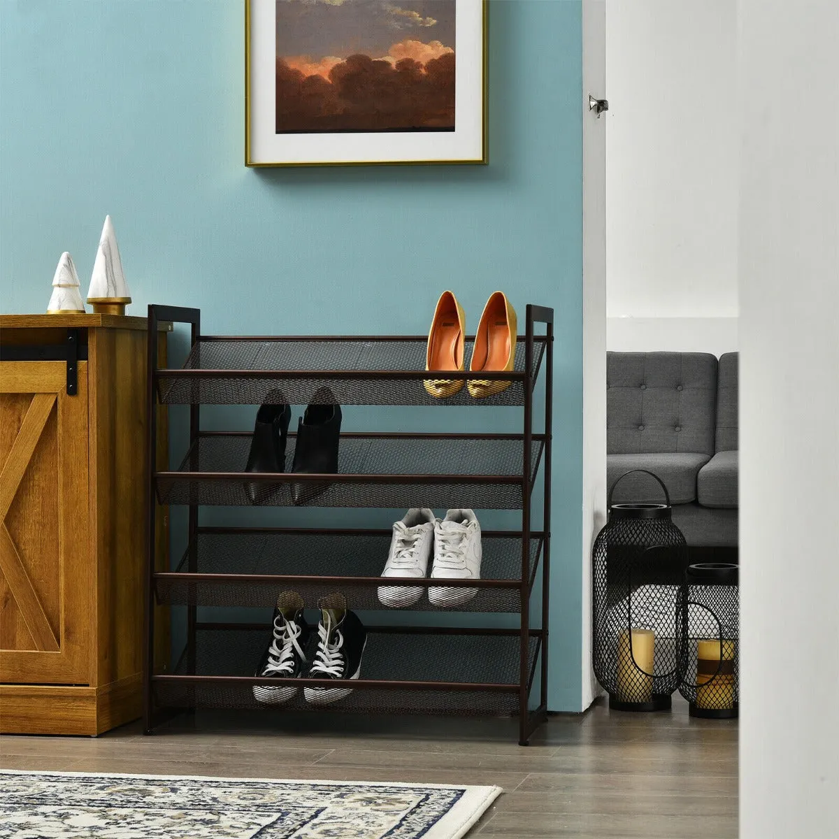 NNECW 4-Tier Iron Shoe Rack with 2 Placement Modes for Entryway