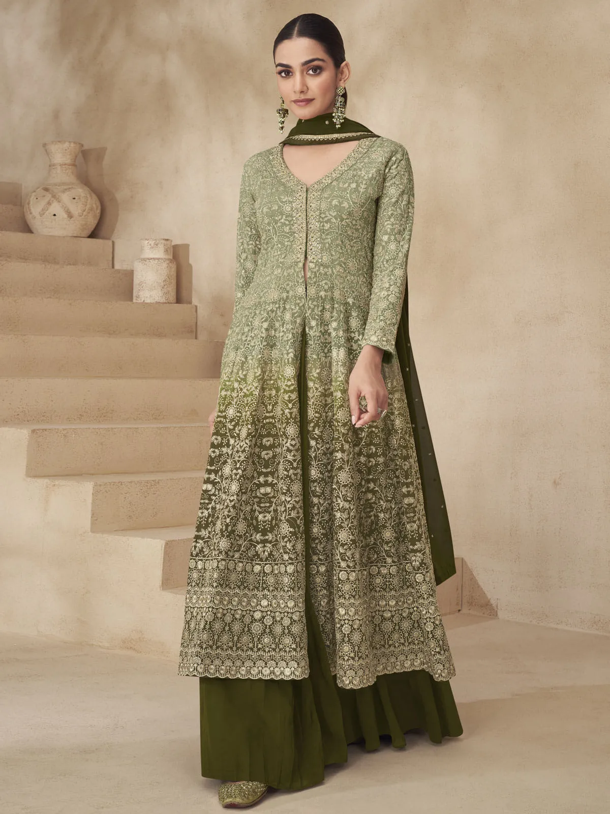Olive Green Ombre Slit Style Anarkali Lehenga Style Suit