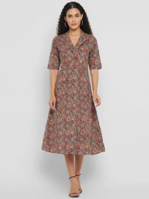 Porsorte Womens  Cotton Brown Printed Shirt Midi Dress