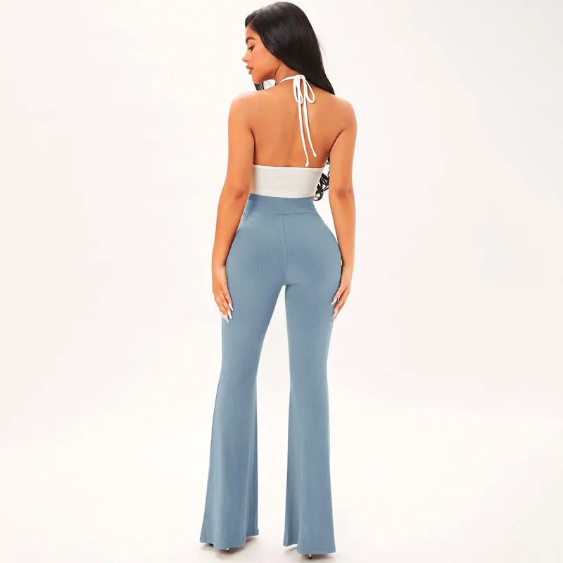 Solid Rib Knit Flare Leg Pants