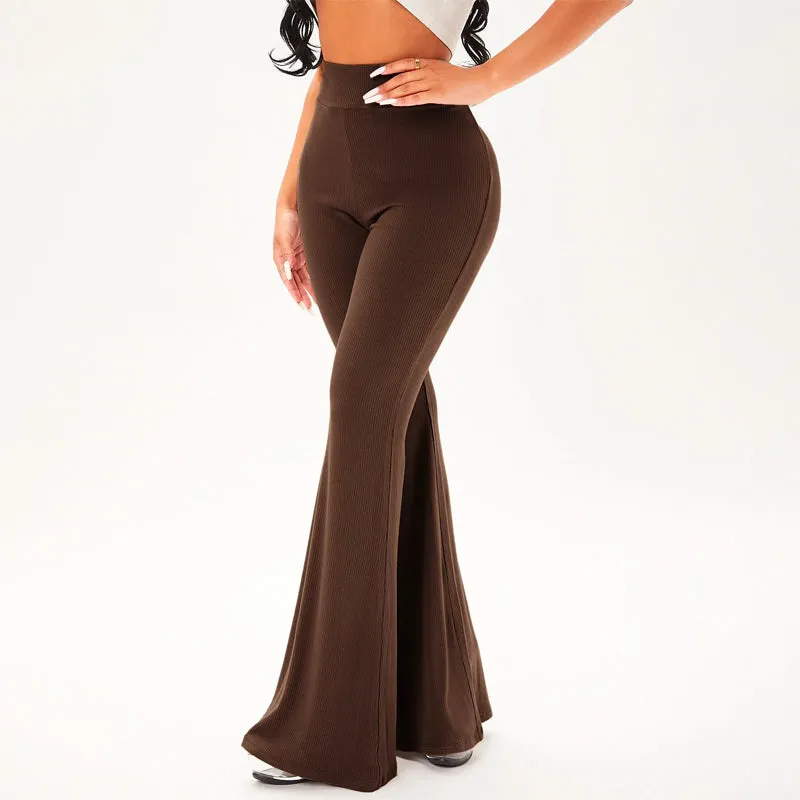 Solid Rib Knit Flare Leg Pants