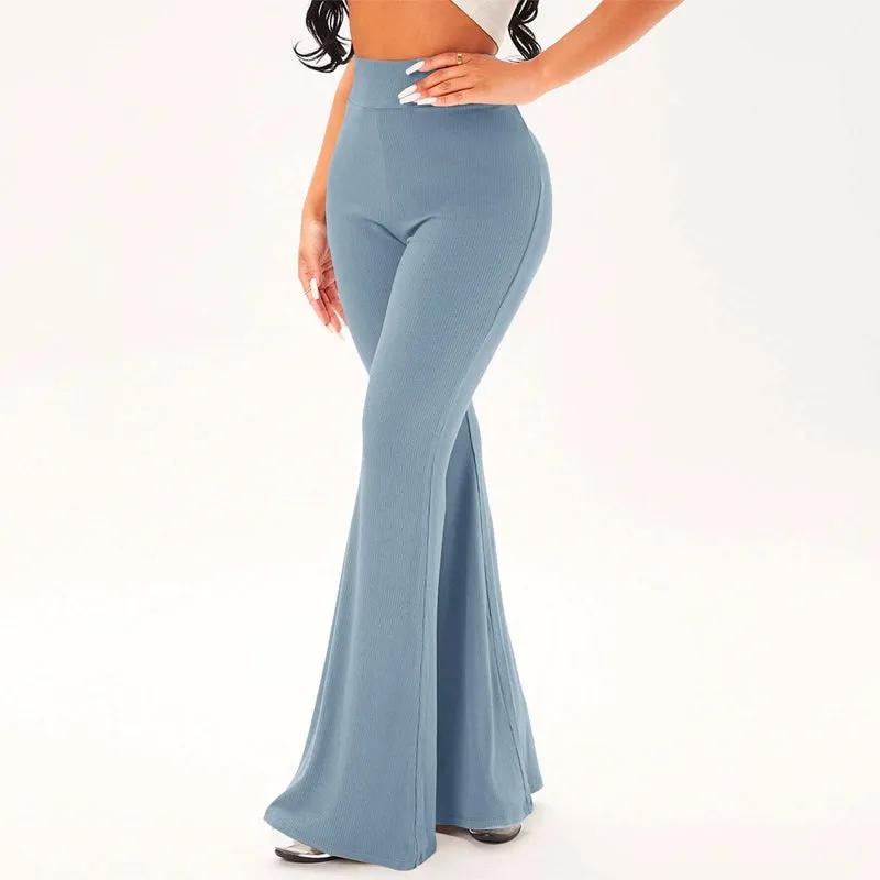 Solid Rib Knit Flare Leg Pants