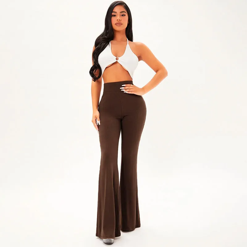 Solid Rib Knit Flare Leg Pants