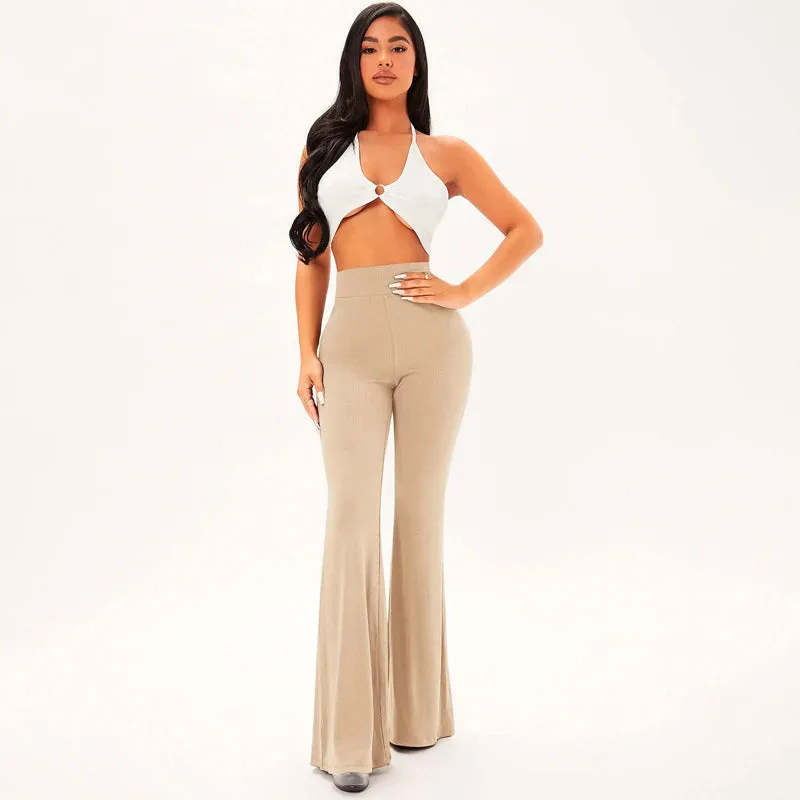 Solid Rib Knit Flare Leg Pants