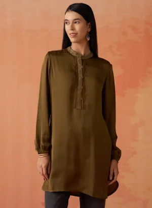Trisha Olive Embroidered Satin Kurti for Women