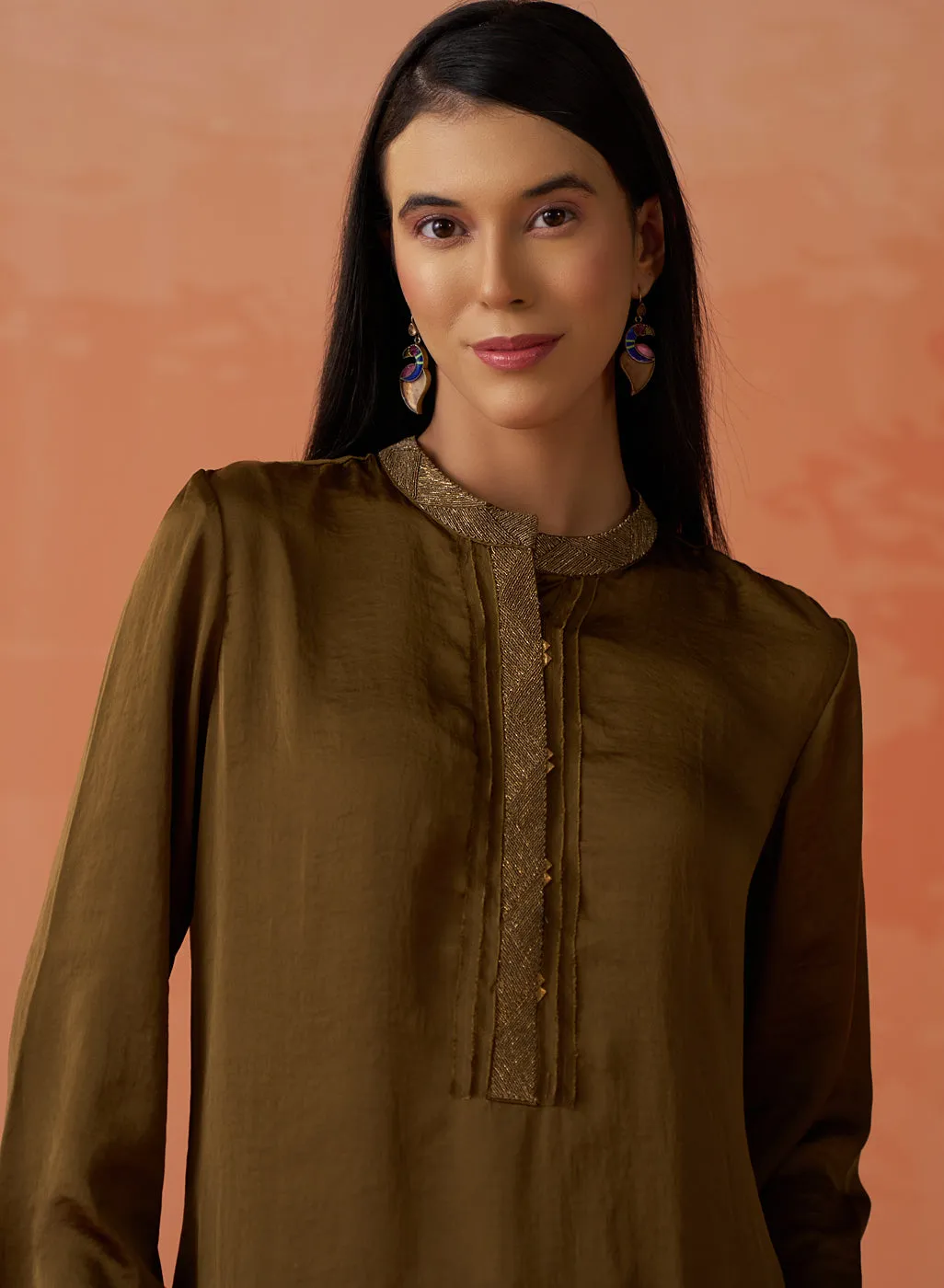 Trisha Olive Embroidered Satin Kurti for Women