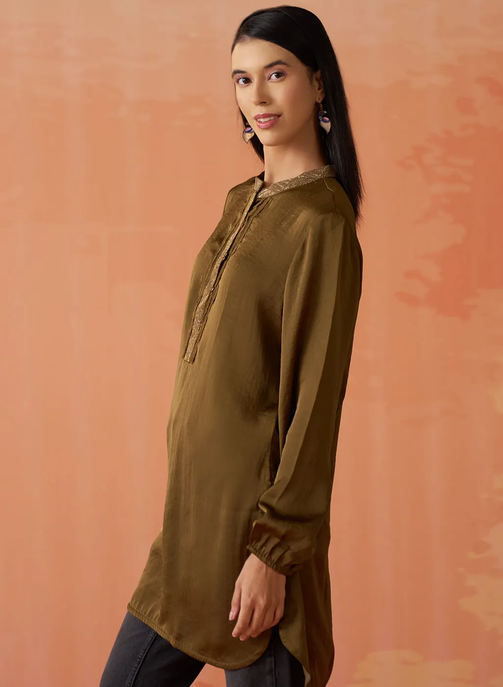 Trisha Olive Embroidered Satin Kurti for Women