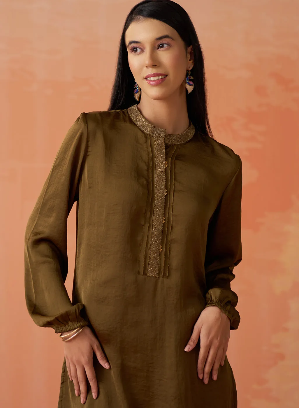 Trisha Olive Embroidered Satin Kurti for Women