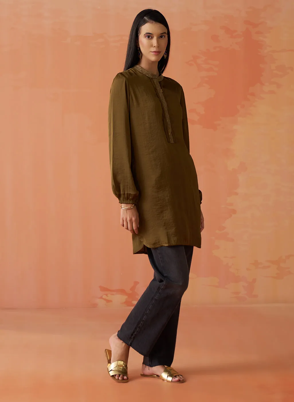 Trisha Olive Embroidered Satin Kurti for Women