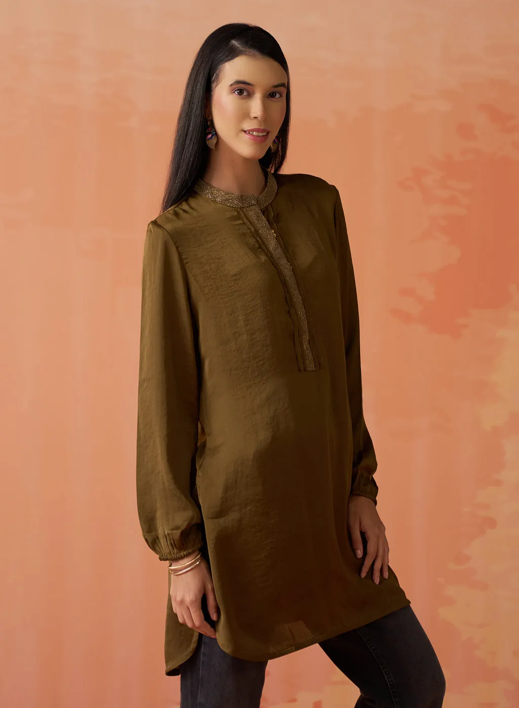 Trisha Olive Embroidered Satin Kurti for Women