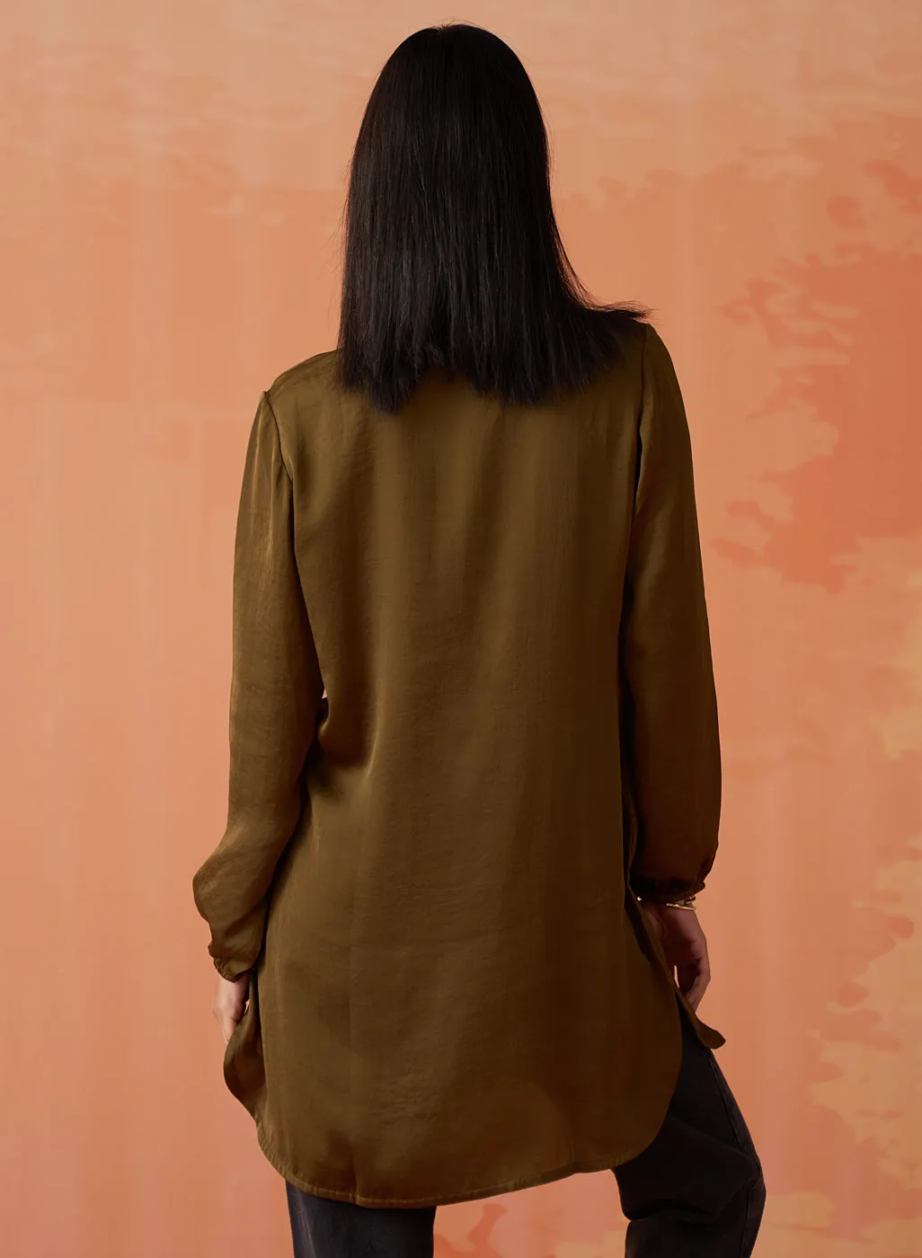 Trisha Olive Embroidered Satin Kurti for Women