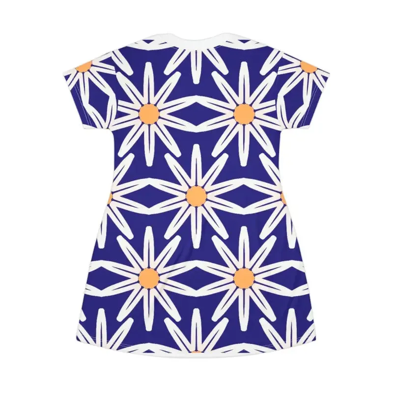 Vibrant White Flowers on Blue t Shirt Dress