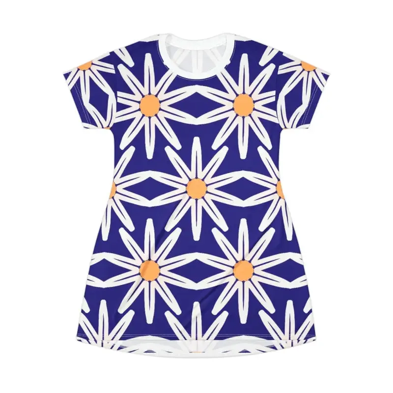 Vibrant White Flowers on Blue t Shirt Dress