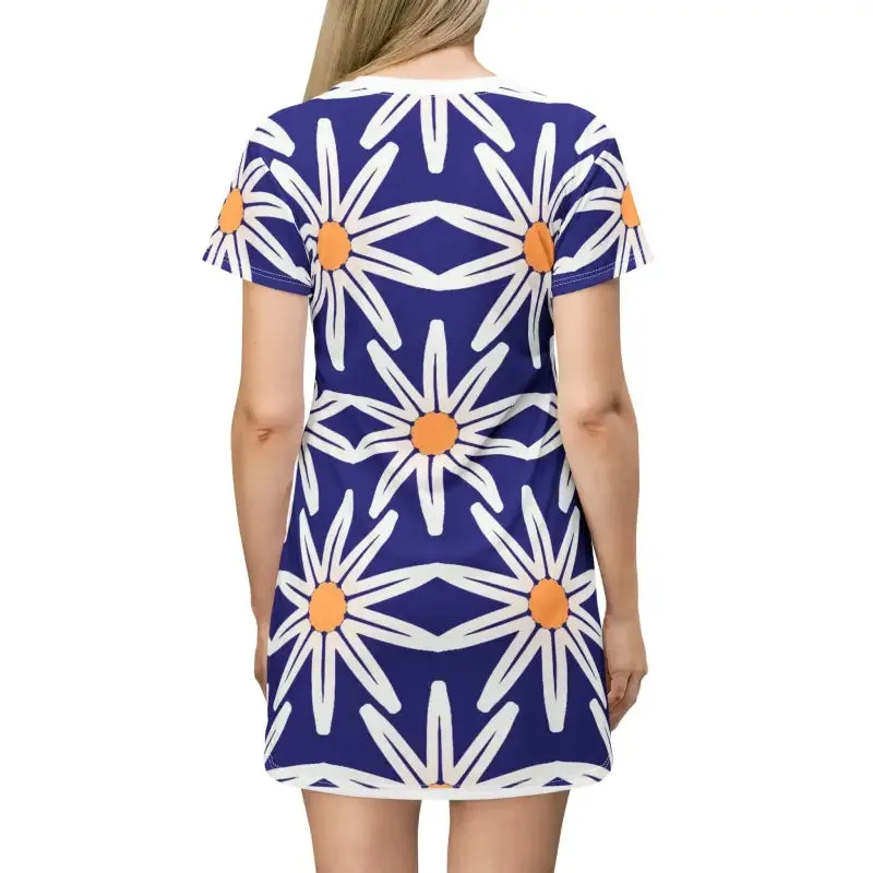 Vibrant White Flowers on Blue t Shirt Dress